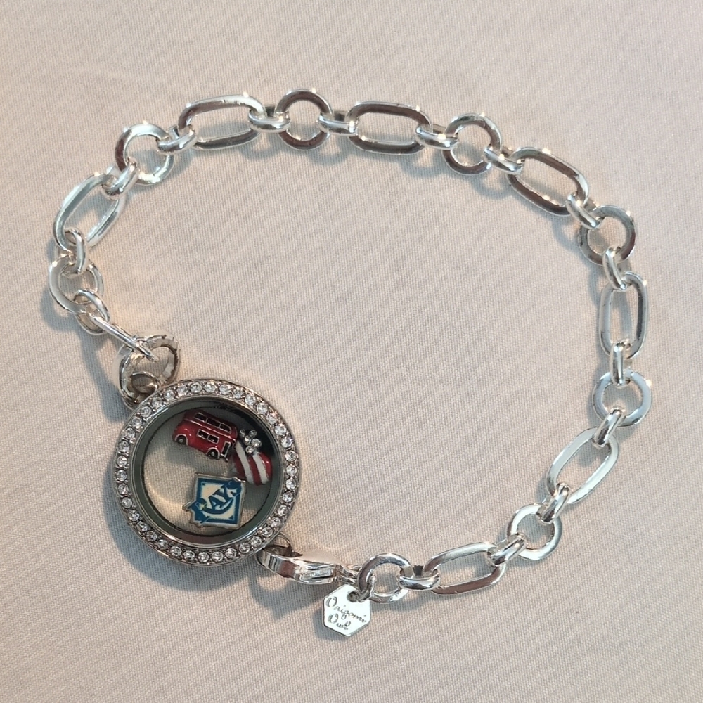 Origami Owl Silver Bracelet with Red and Blue Charms